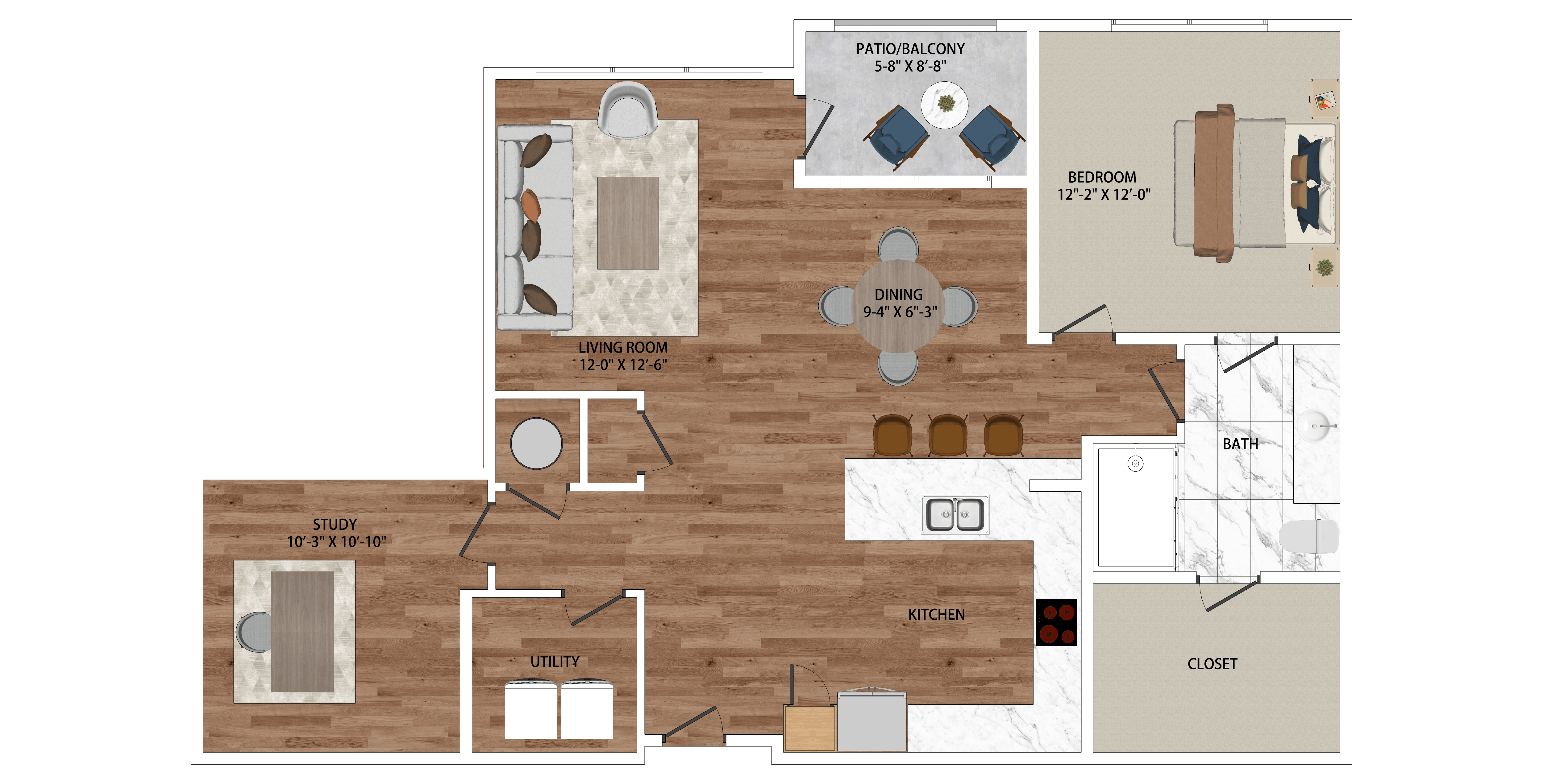 Floor plan for 1 bed, 1 bath, 1104 sqft